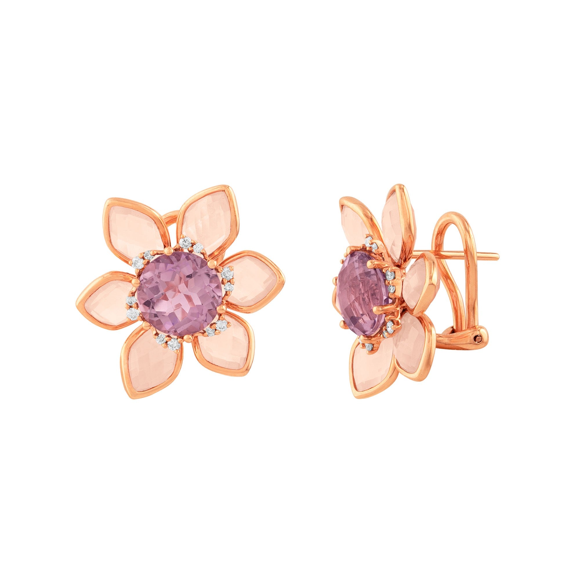 ARETE FLOR CON PETALOS EN CUARZO Y AMATISTA