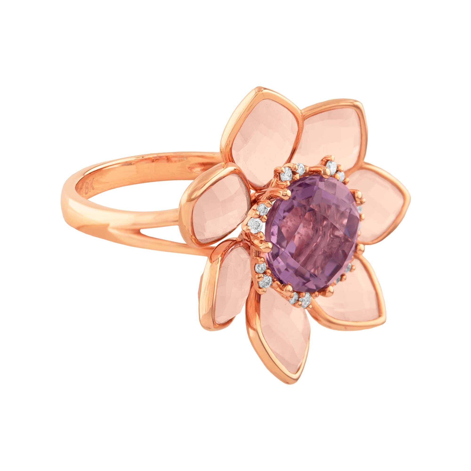 ANILLO FLOR CON PÉTALOS EN CUARZO Y AMATISTA