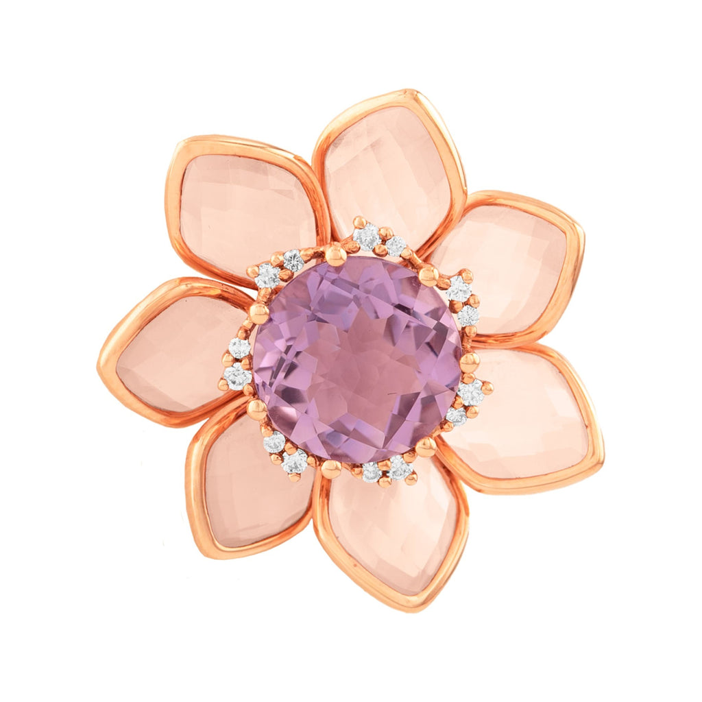 DIJE FLOR CON PÉTALOS EN CUARZO Y AMATISTA