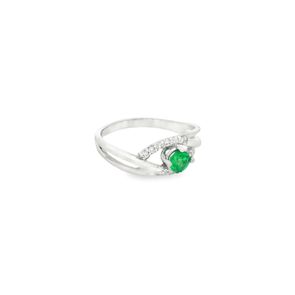 ANILLO SOLITARIO CRUZADO ESMERALDA Y DIAMANTES