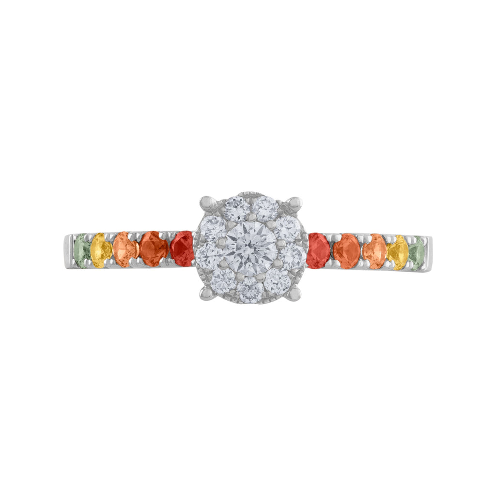 ANILLO DE COMPROMISO CON DIAMANTES Y ZAFIROS DE COLORES