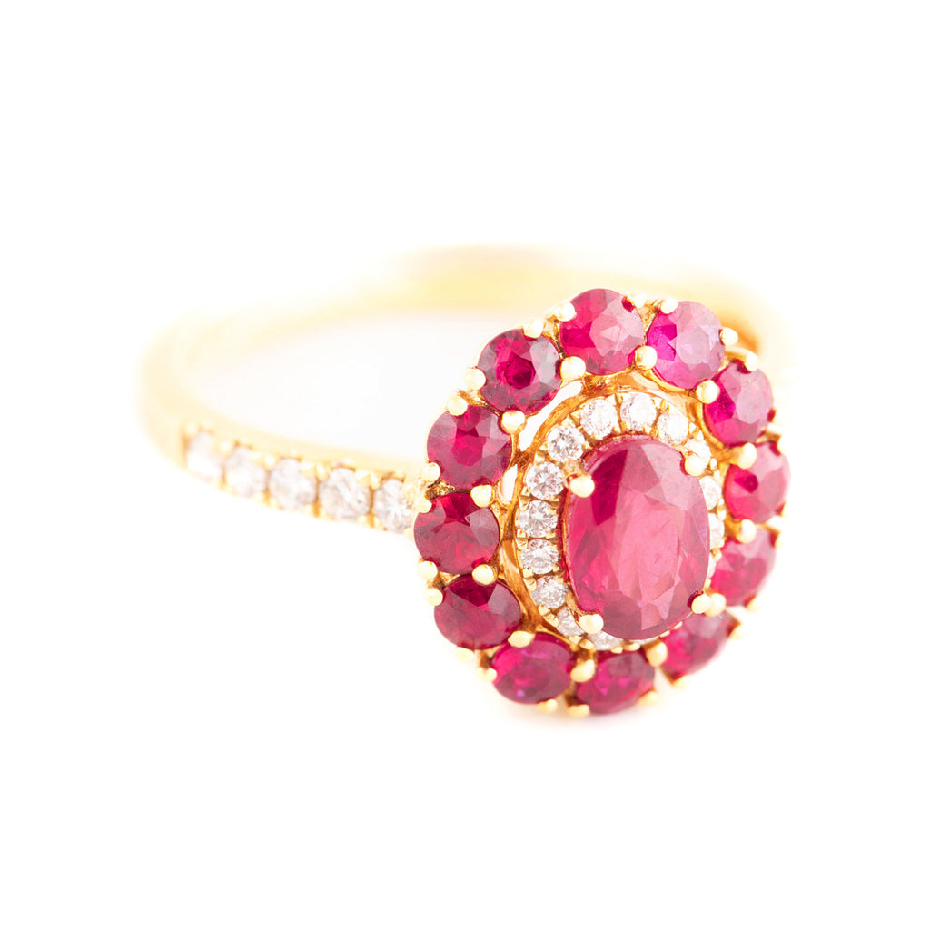 ANILLO FLOR CON DIAMANTES Y PÉTALOS CON RUBÍES