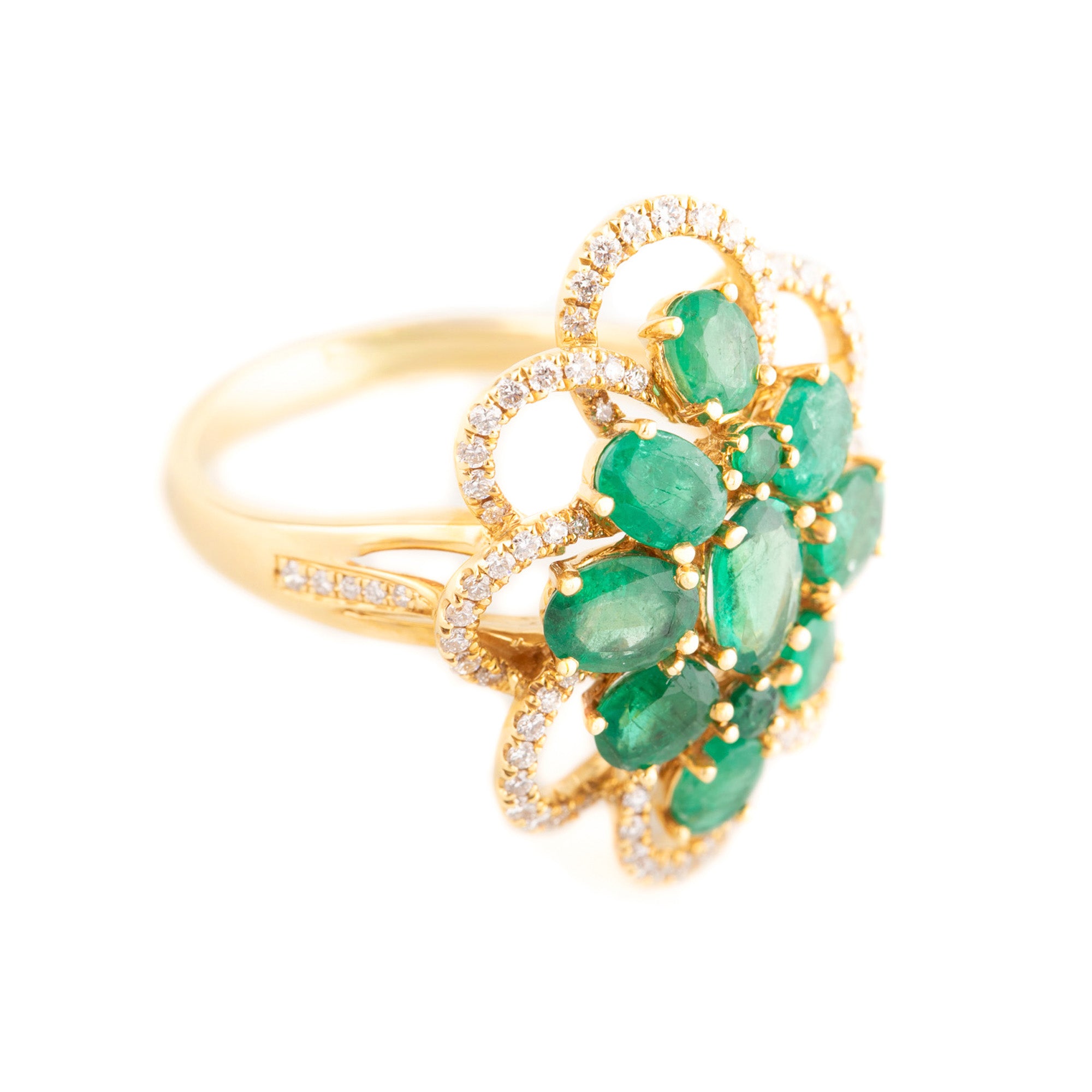 ANILLO FLOR ESMERALDAS Y DIAMANTES