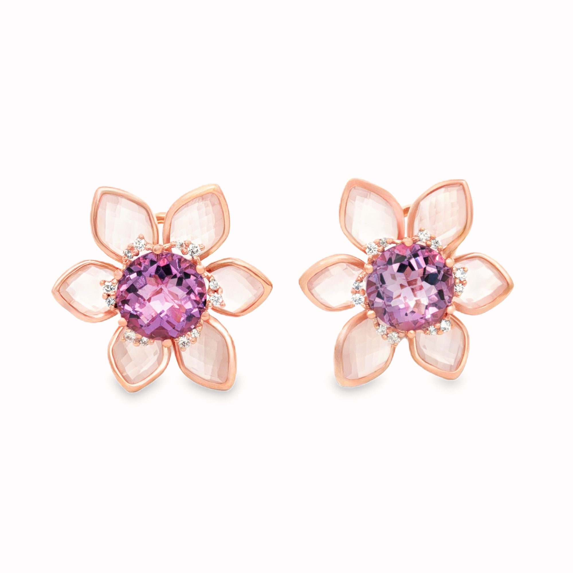 ARETES FLOR CON PÉTALOS EN CUARZO Y AMATISTA