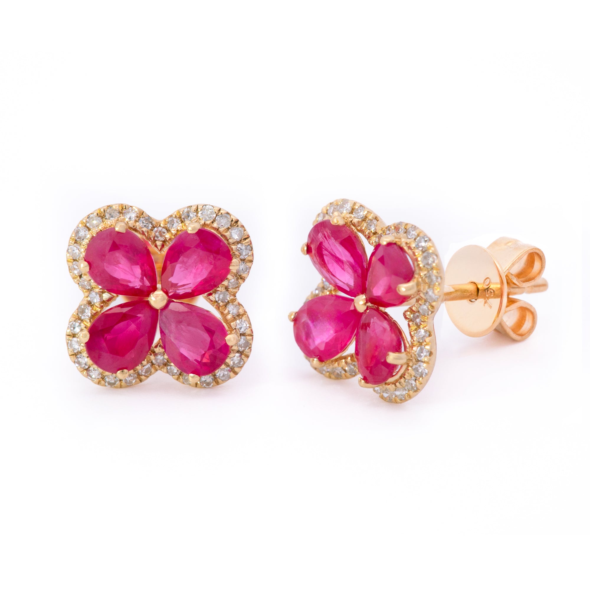 ARETES FLOR TRÉBOL RUBÍ DIAMANTES