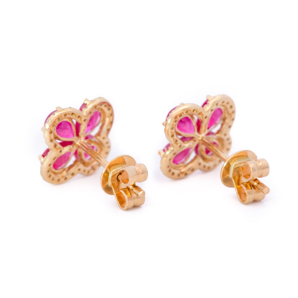 ARETES FLOR TRÉBOL RUBÍ DIAMANTES