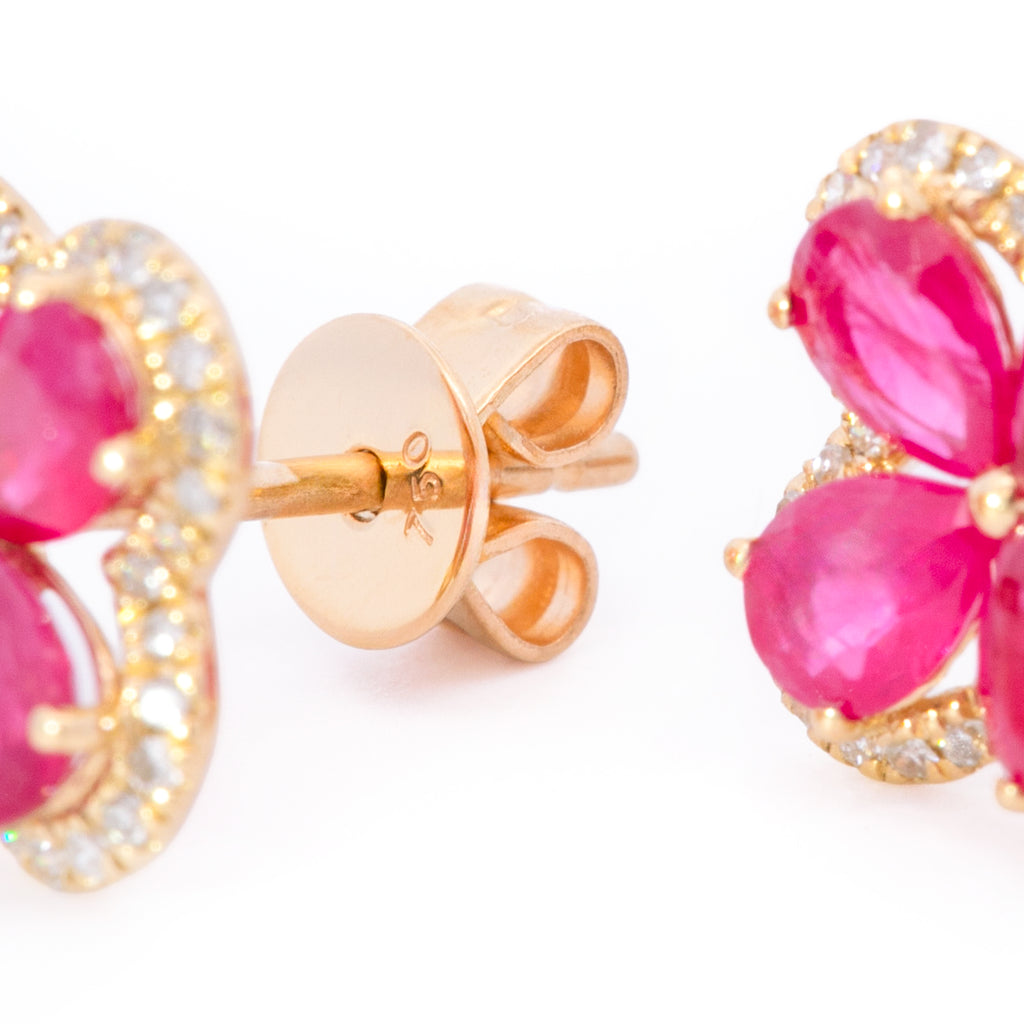 ARETES FLOR TRÉBOL RUBÍ DIAMANTES