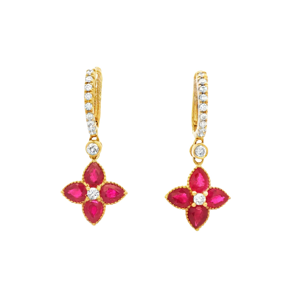 ARETES LARGOS FLOR CON RUBÍES Y DIAMANTES