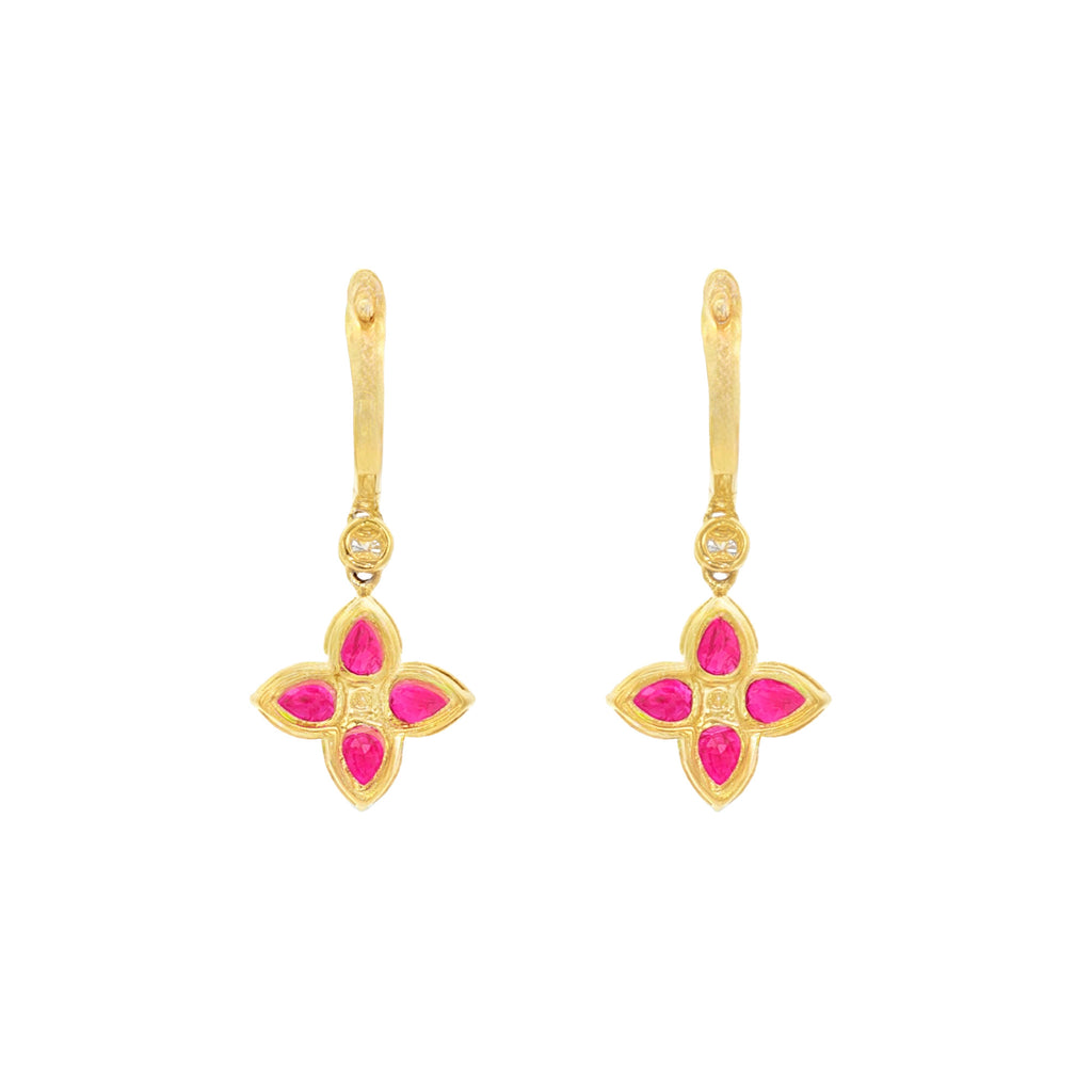 ARETES LARGOS FLOR CON RUBÍES Y DIAMANTES