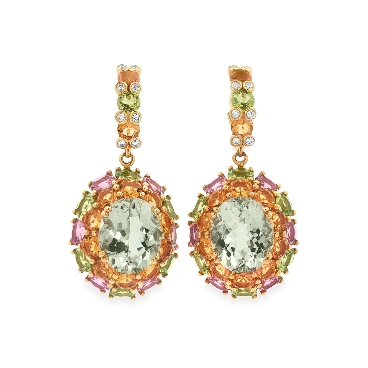 ARETES OVALADOS CON AMATISTA VERDE Y DIAMANTES