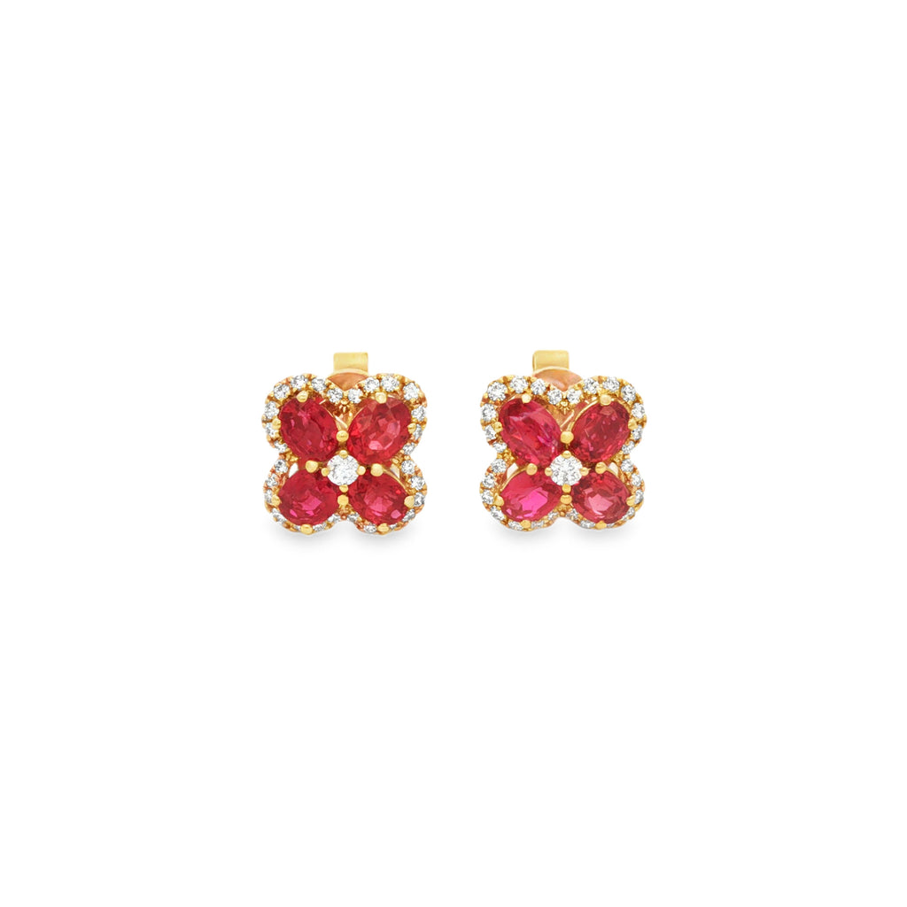 ARETES FLOR CON RUBÍ Y DIAMANTES
