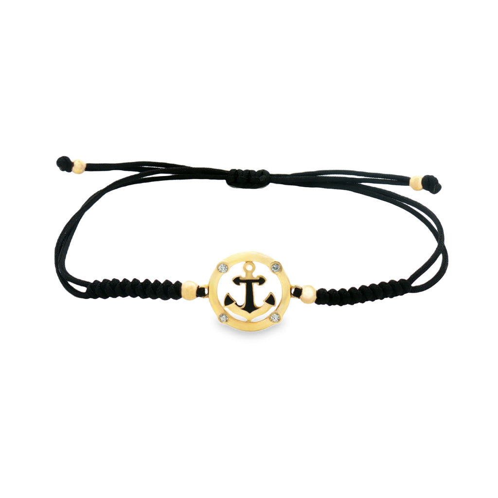PULSERA HILO NEGRO ANCLA NEGRA CON ZIRCÓN 4 BOLAS