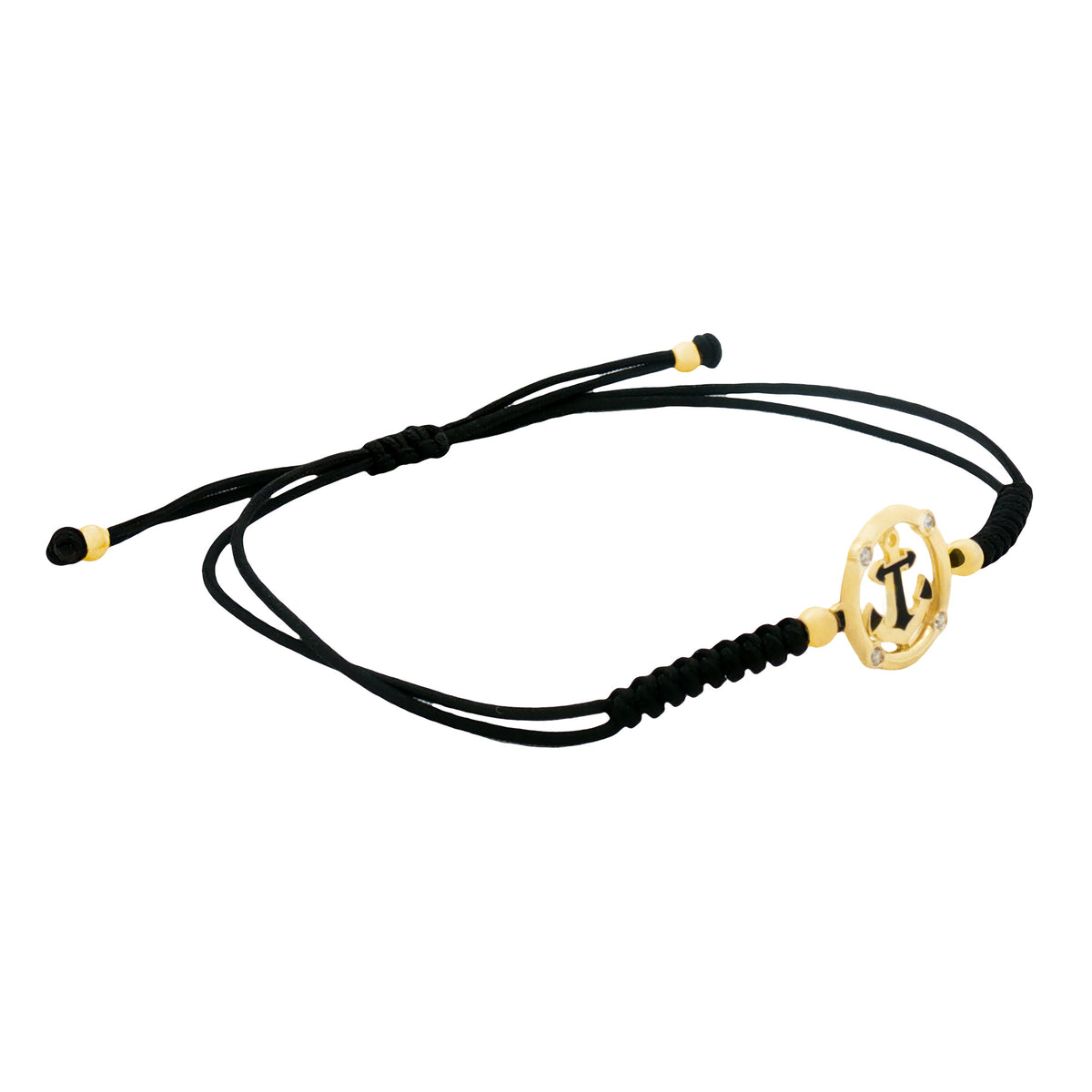 PULSERA HILO NEGRO ANCLA NEGRA CON ZIRCÓN 4 BOLAS