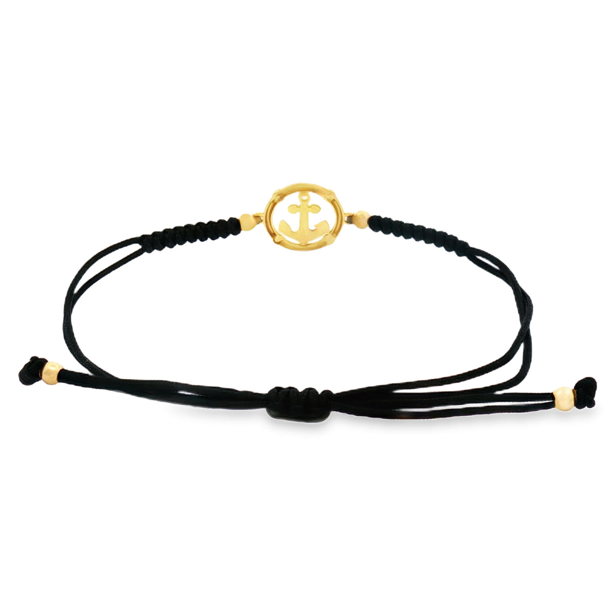 PULSERA HILO NEGRO ANCLA NEGRA CON ZIRCÓN 4 BOLAS