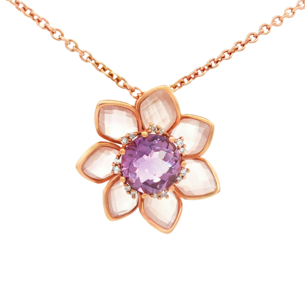 DIJE FLOR CON PÉTALOS EN CUARZO Y AMATISTA