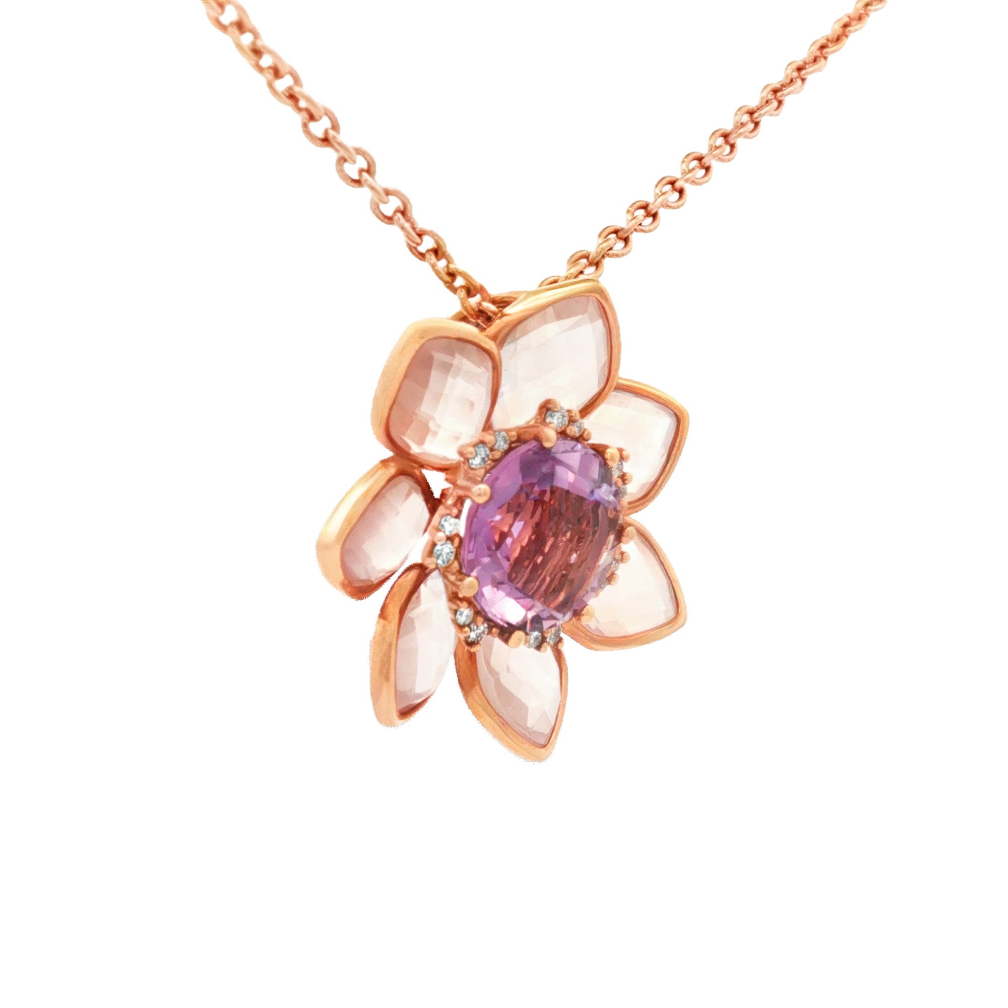 DIJE FLOR CON PÉTALOS EN CUARZO Y AMATISTA