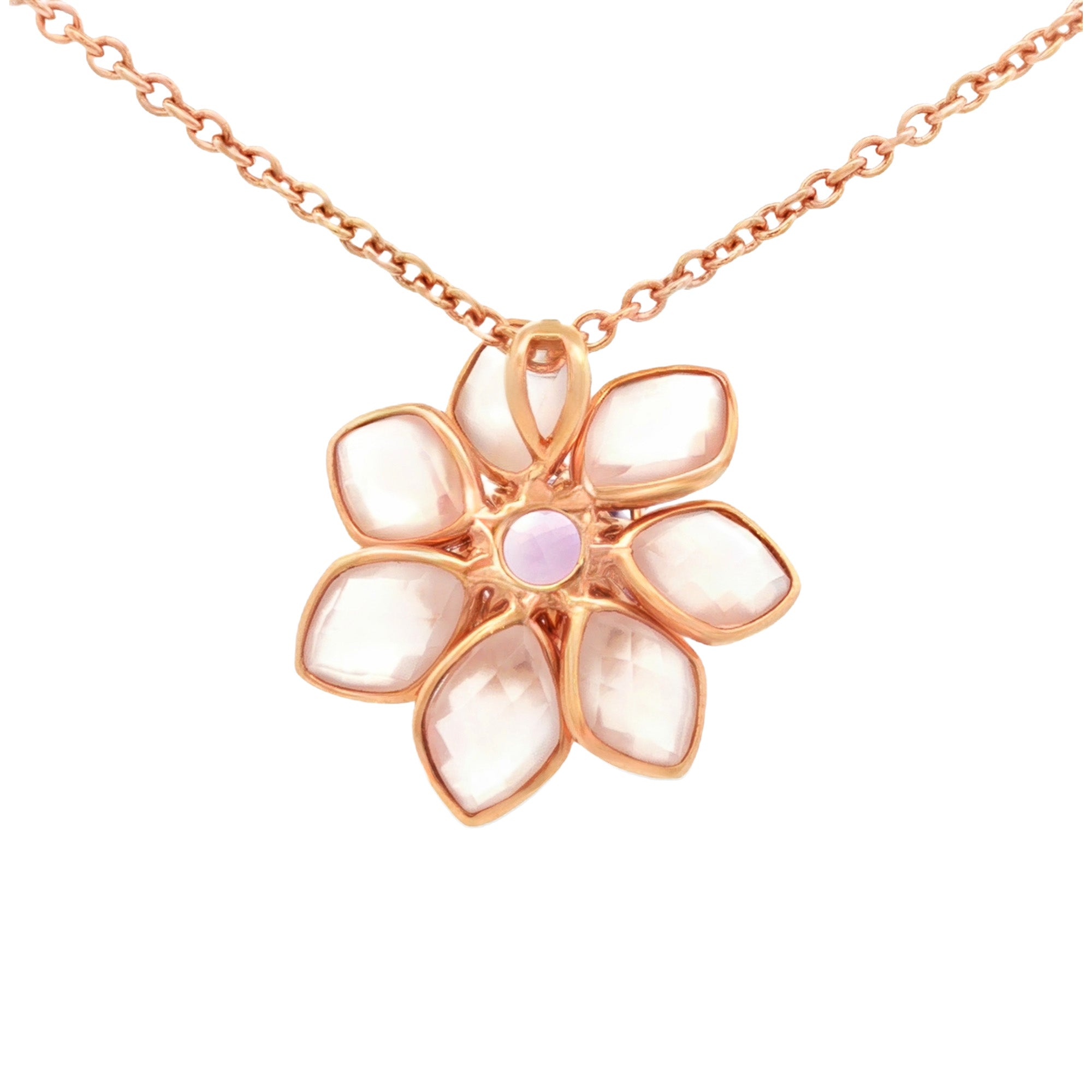 DIJE FLOR CON PÉTALOS EN CUARZO Y AMATISTA
