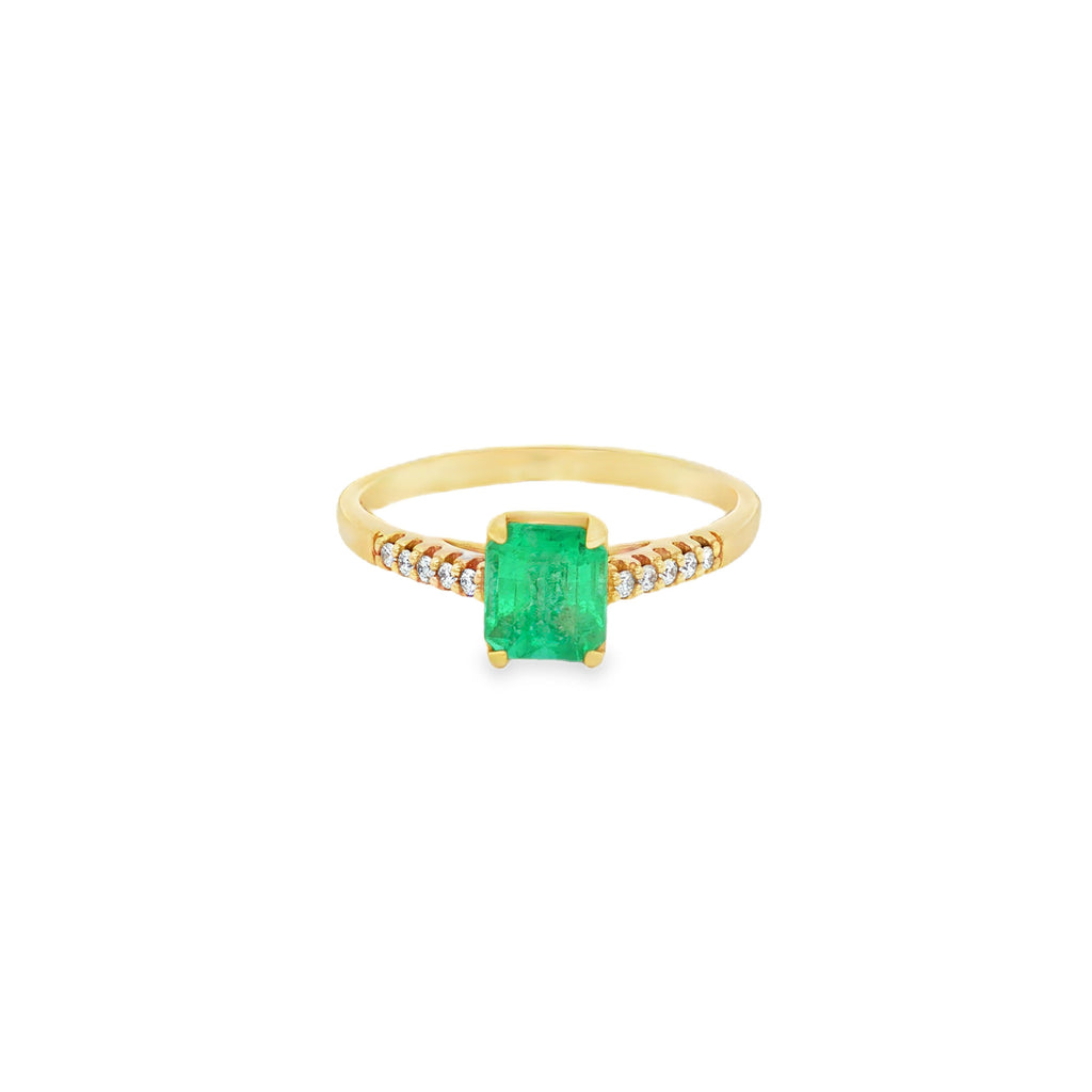 ANILLO SOLITARIO CRUZADO CON ESMERALDA Y DIAMANTES