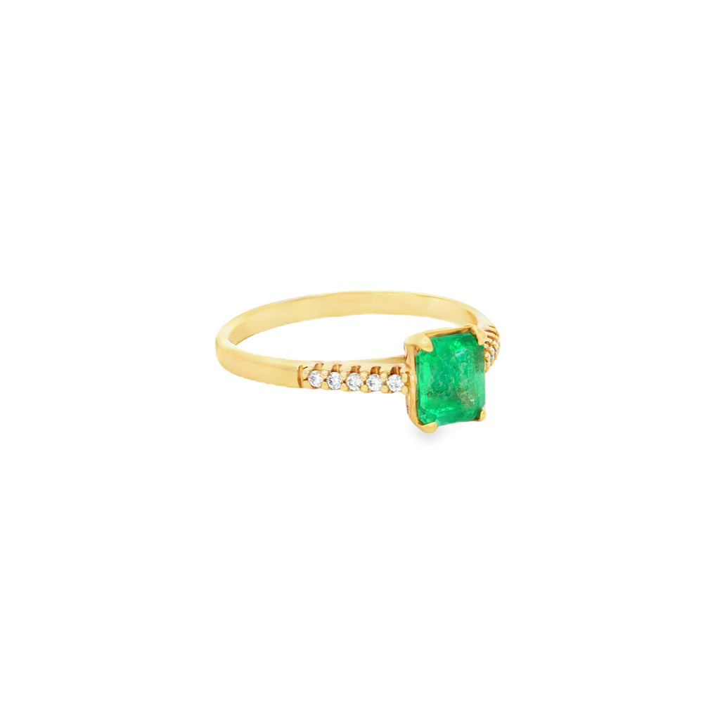 ANILLO SOLITARIO CRUZADO CON ESMERALDA Y DIAMANTES