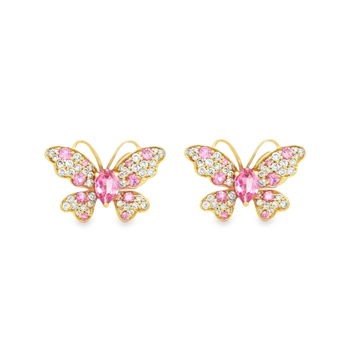 ARETES MARIPOSA ZAFIROS ROSADOS Y DIAMANTES
