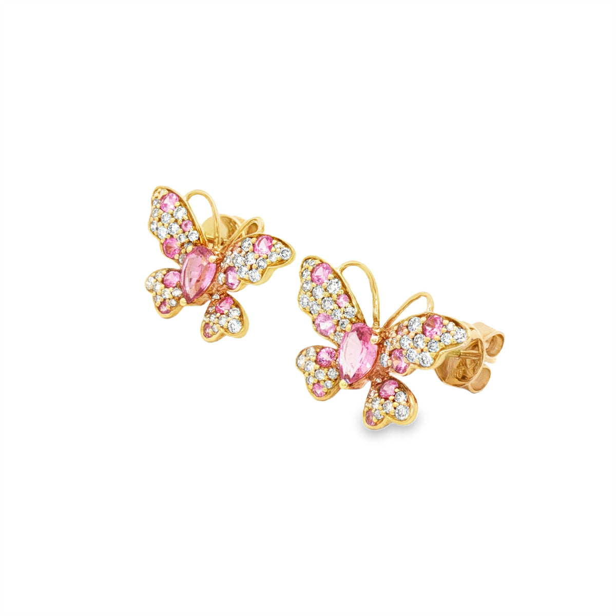 ARETES MARIPOSA ZAFIROS ROSADOS Y DIAMANTES