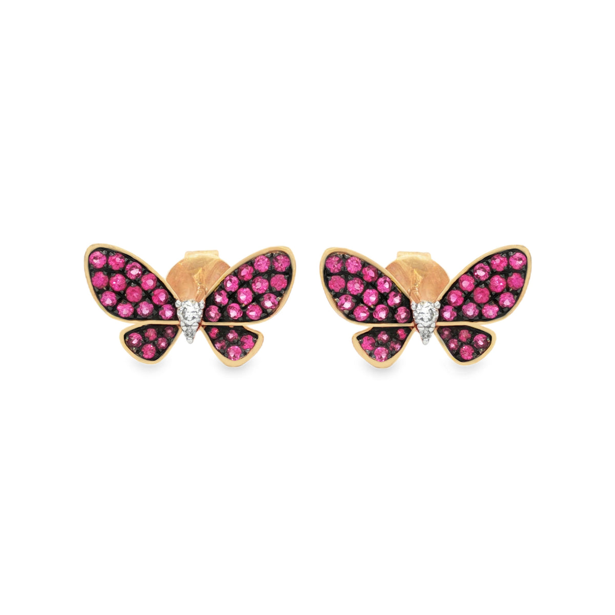 ARETES MARIPOSA RUBÍES, ZAFIROS ROSADOS Y DIAMANTES