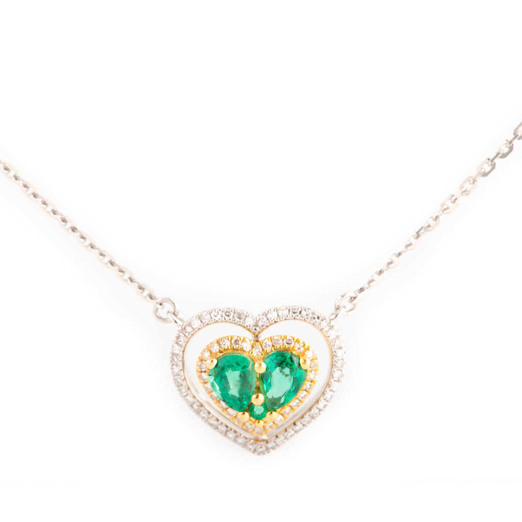 Gargantilla de corazones en  2 oros con diamantes y esmeralda