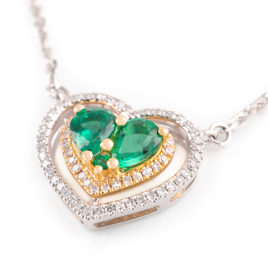 Gargantilla de corazones en  2 oros con diamantes y esmeralda