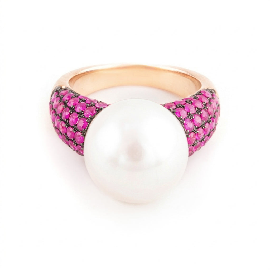 ANILLO PERLA 13MM CON RUBÍES