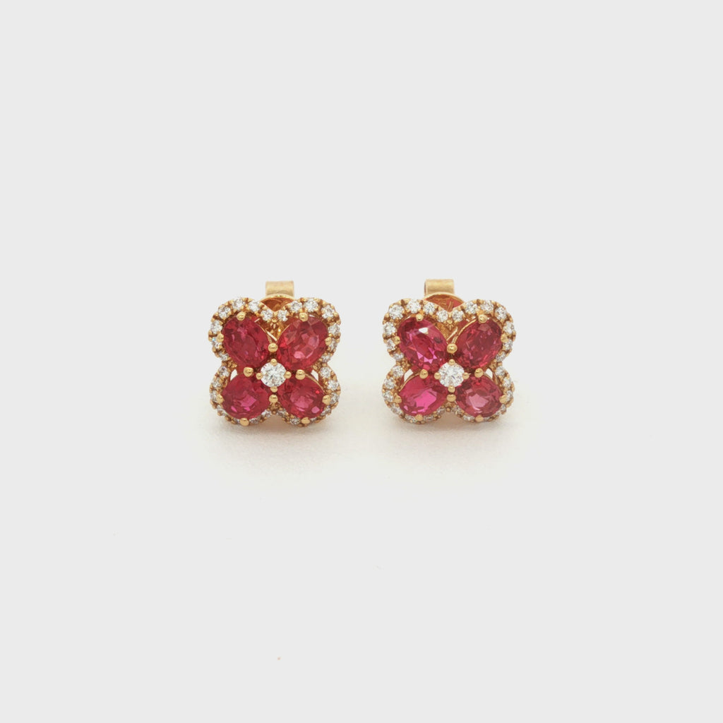 ARETES FLOR CON RUBÍ Y DIAMANTES