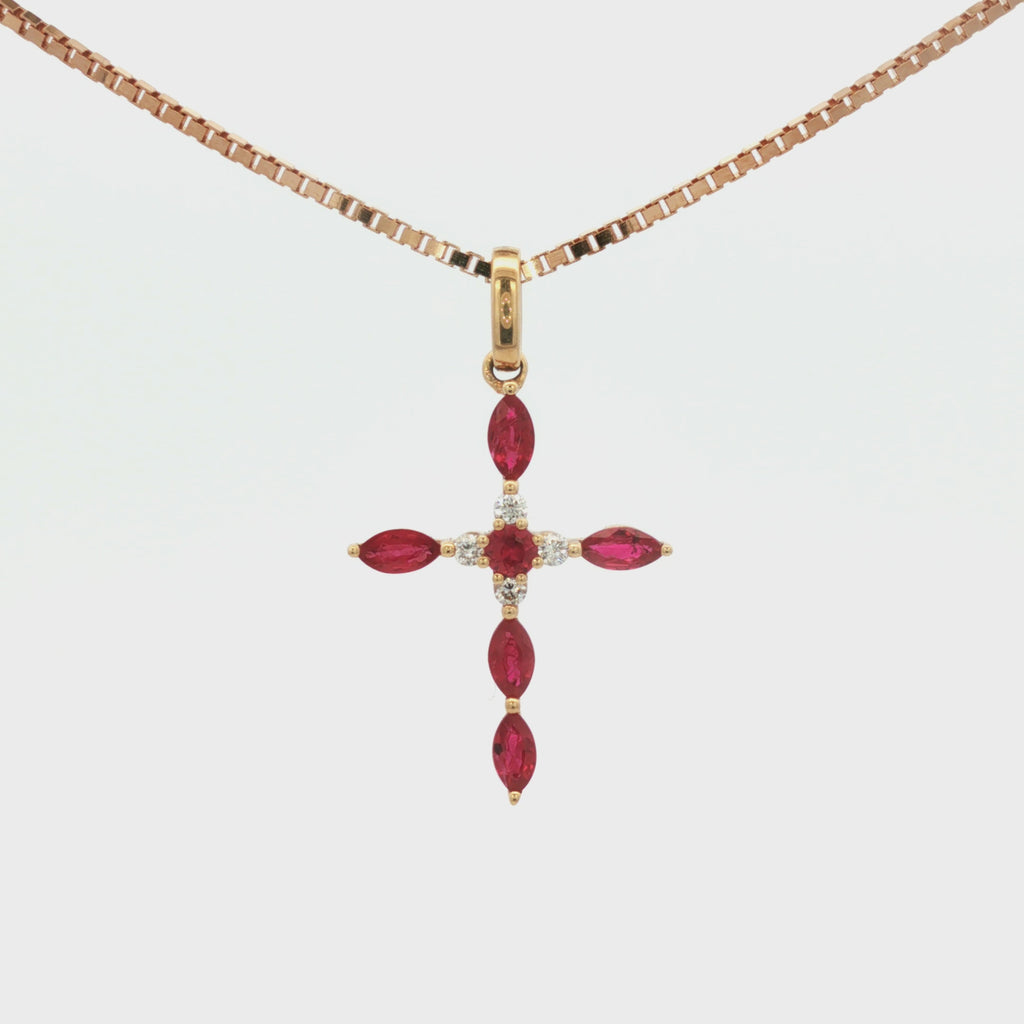 DIJE CRUZ RUBÍ Y DIAMANTES FLOR