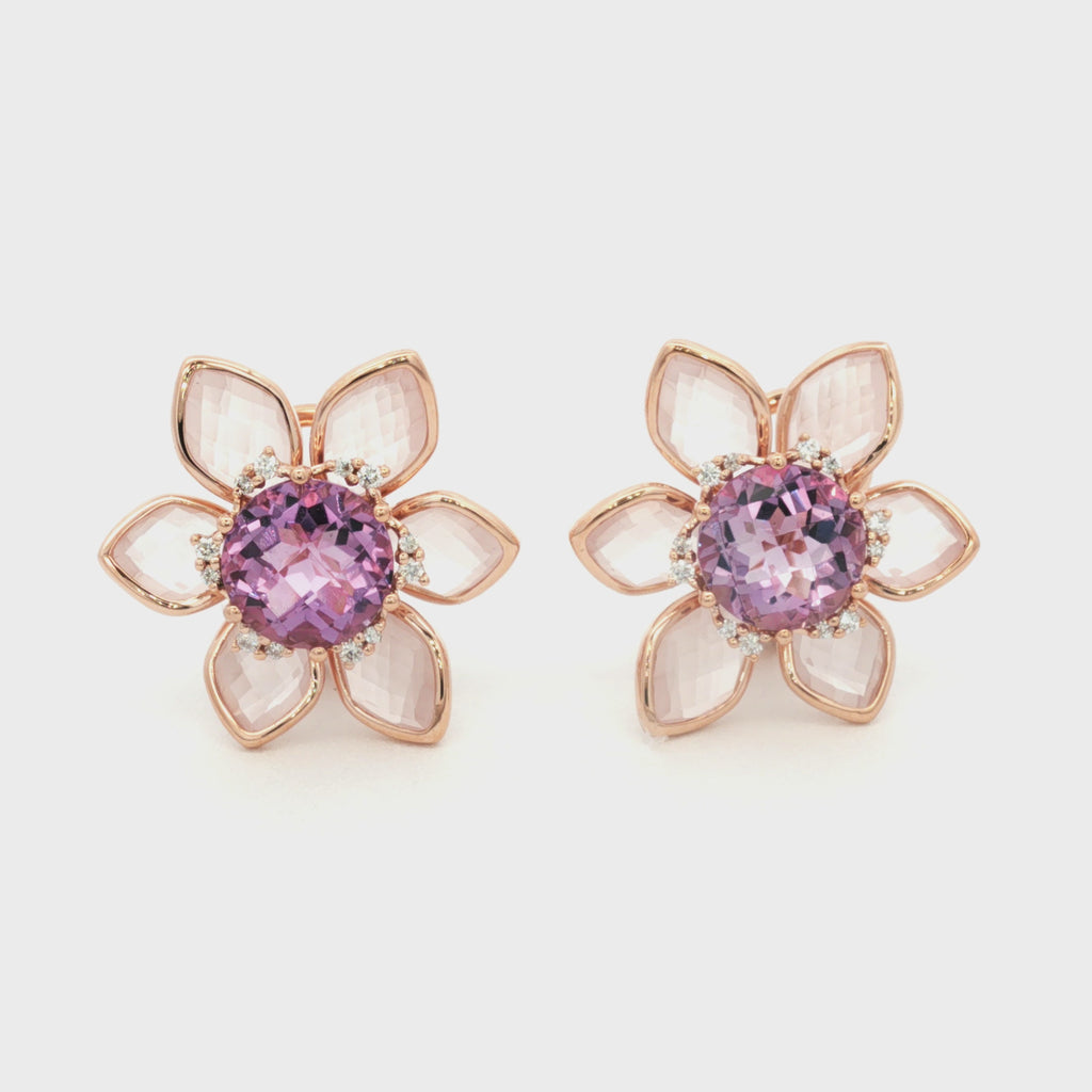 ARETES FLOR CON PÉTALOS EN CUARZO Y AMATISTA